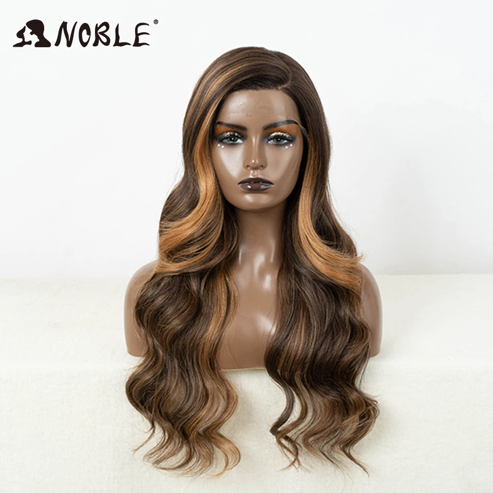 Noble Synthetic Lace Front Wigs For Women C Part Highlight Body Wave Synthetic Lace Wig Ombre Grey Brown Rose Red Cosplay Wig