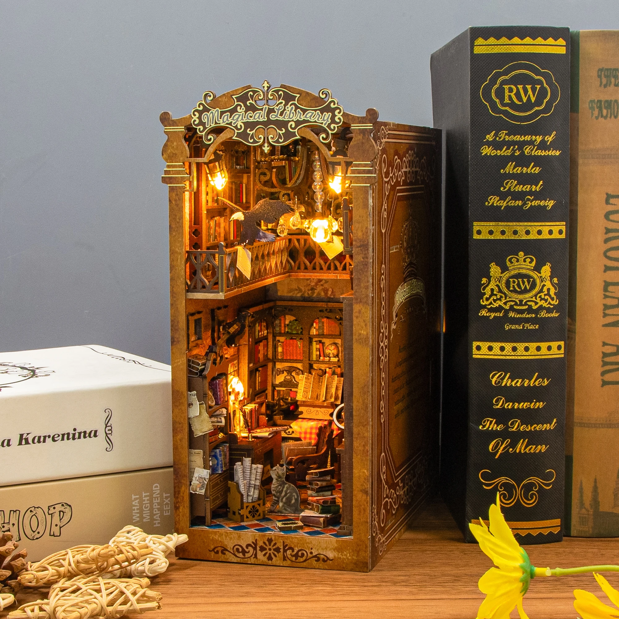 DIY Book Nook Shelf ใส่ชุด Magical Library ชั้นวางหนังสือไม้ Miniature ชุด Handmade Bookend สําหรับของขวัญวันเกิดเพื่อน