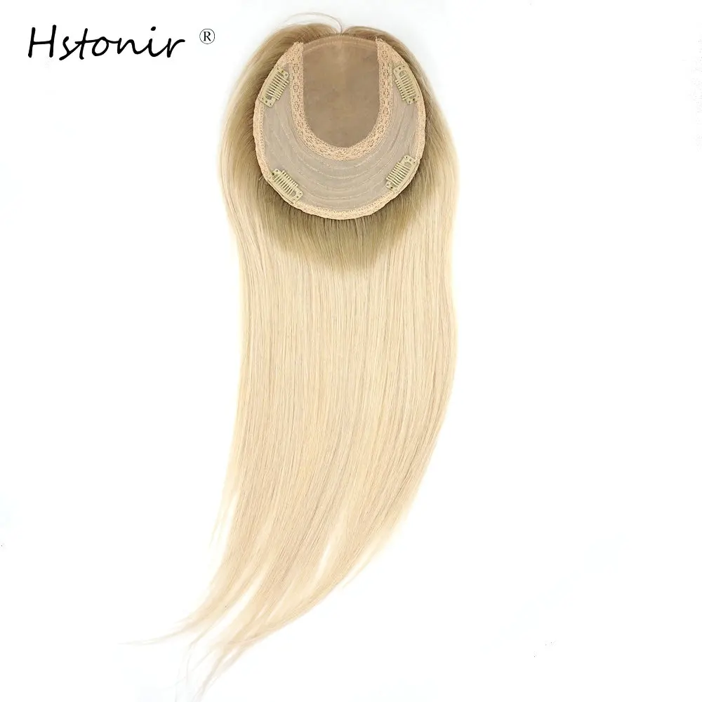 Hstonir Women Hairpieces Hair Clips Toppers Toupee For Hair Woman Grey 613# Silk Top European Remy Hair TP26