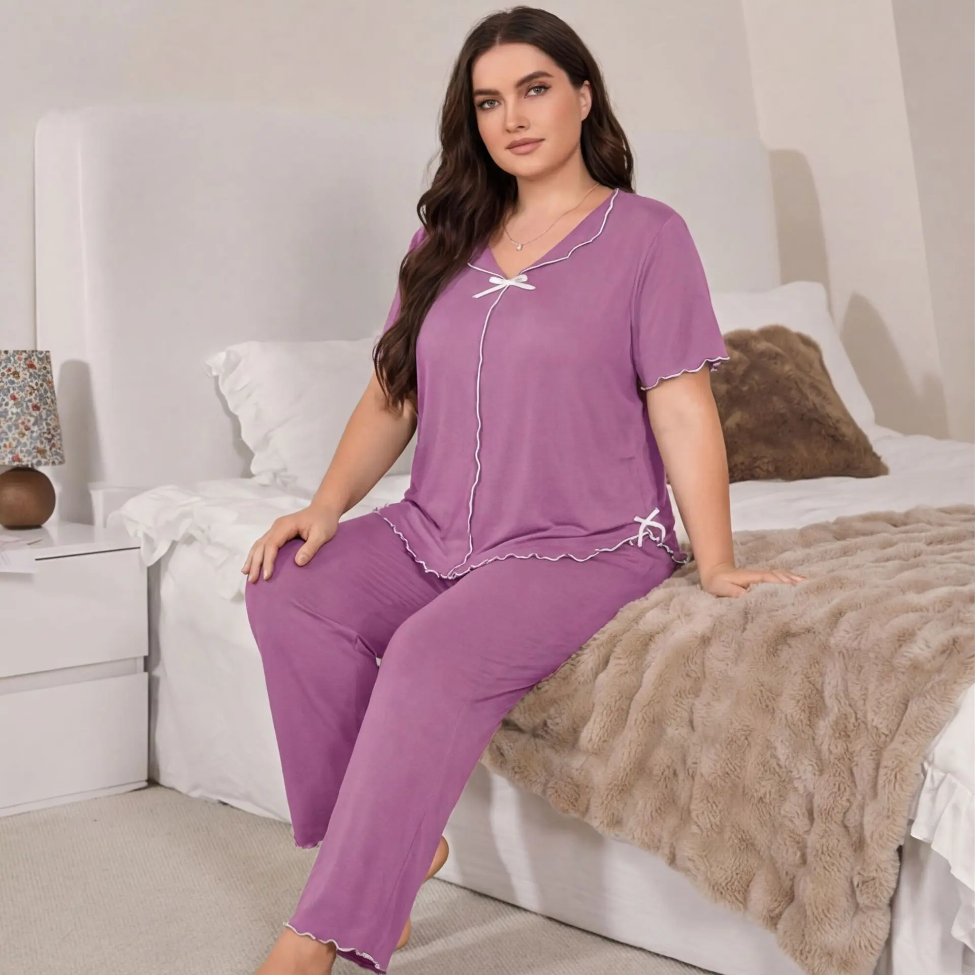 Women Short Sleeve Pajamas Set Large Size Loose Fit Homewear Solid Color Summer Thin Oversize 2 Pieces Sleeping Outfit Pyjama 3