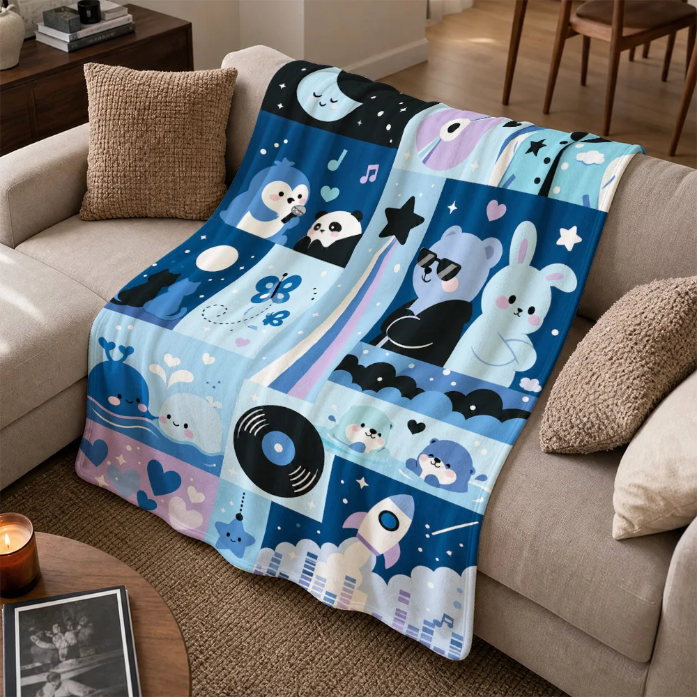 Adorable Cute Cartoon Animal Print Throw Blanket for Nursery Kids Decor Sofa Throw Music Space Records Baby Gift Cozy Washable