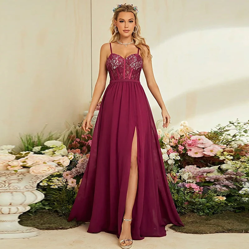 

Elegant A - Line Formal Gown Perfect for Bridesmaid Burgundy Spaghetti Strap Evening Dress with Lace Appliques Prom Dress