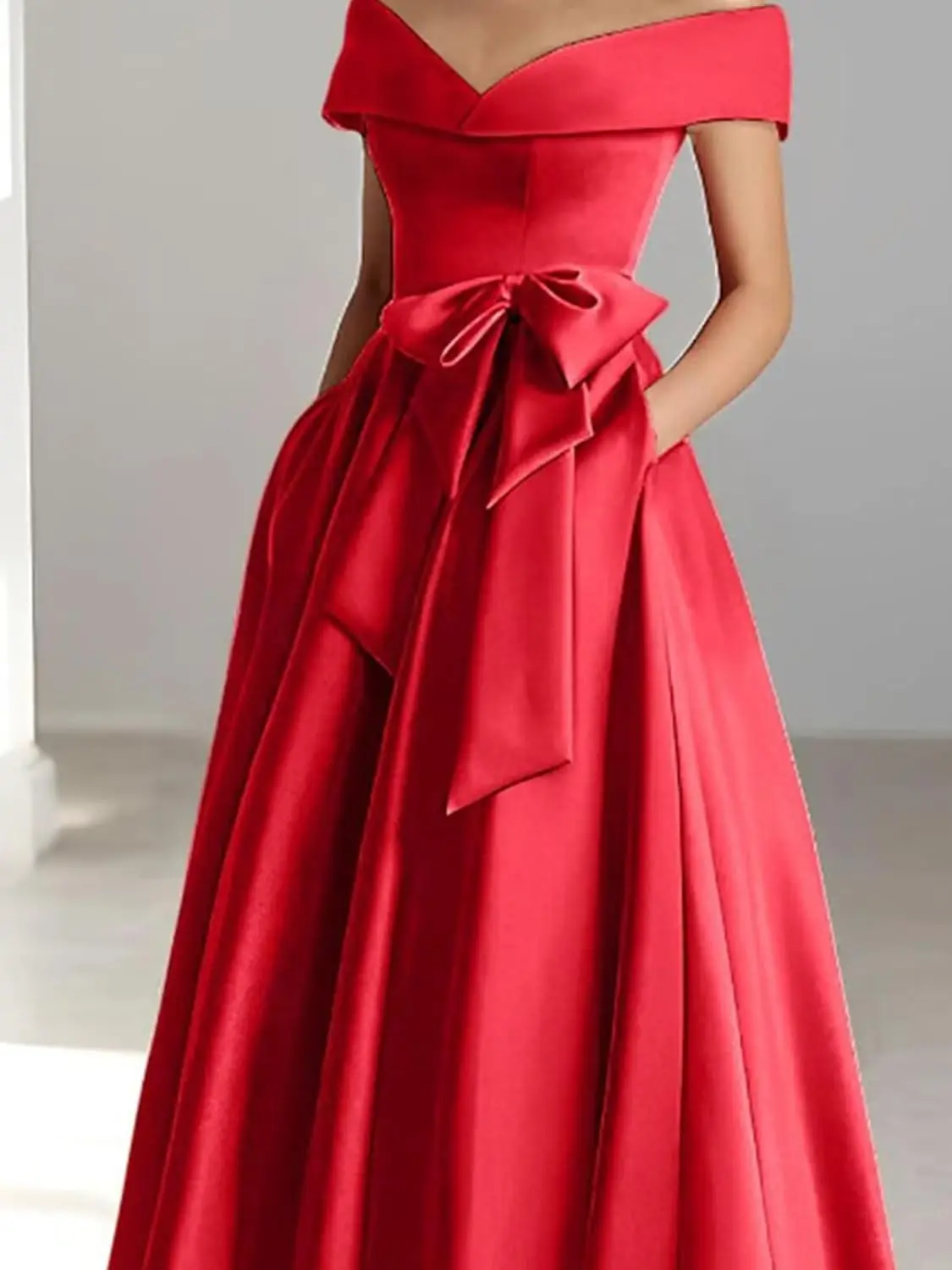 Vestidos femininos de cetim para mãe da noiva, ombro de fora, para casamento, com laço, comprimento de chá, vestido de noite formal