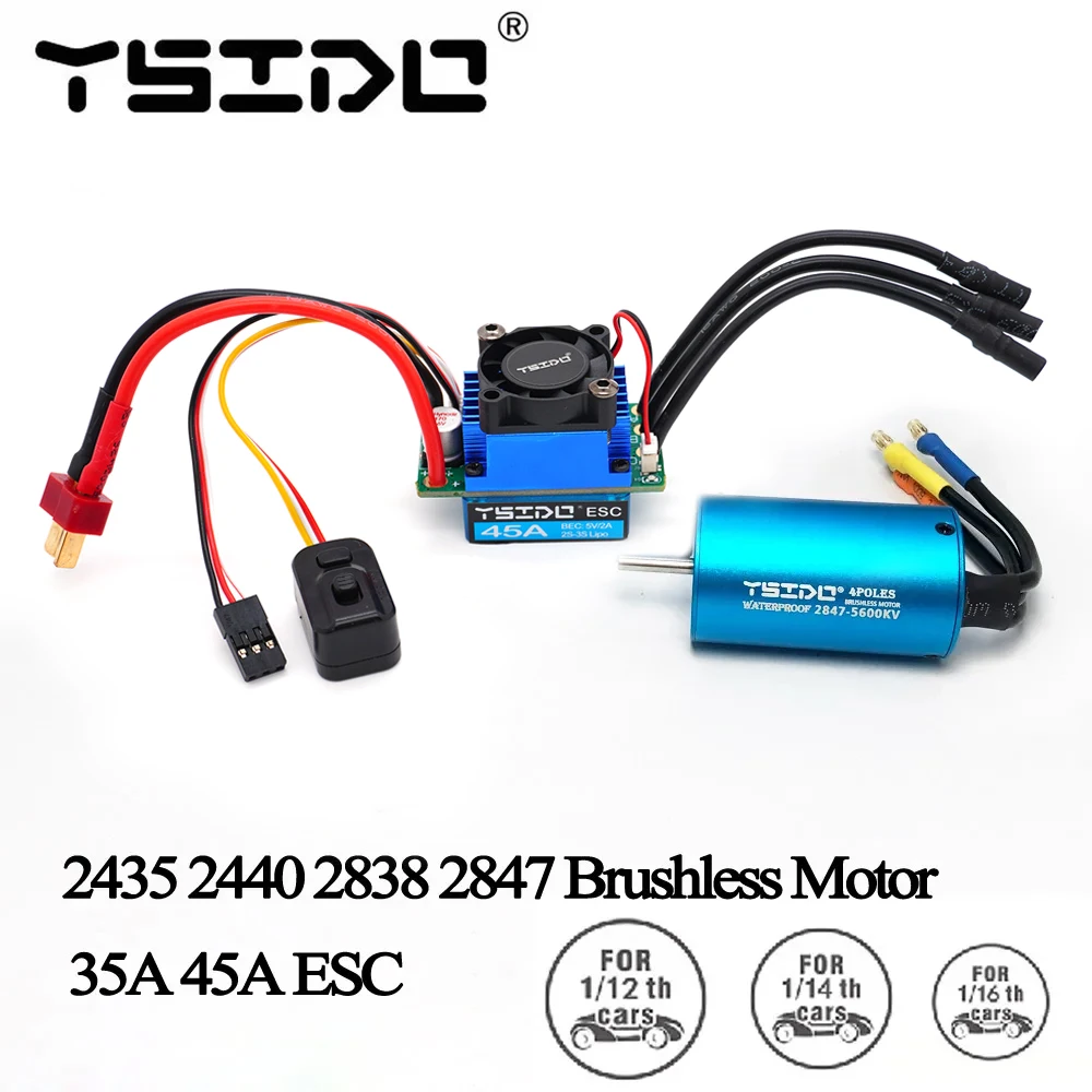 YSIDO-Motor sem escova para barco RC, Wltoys 124016, passatempo remoto, XLH Timaya Redcat, 2435, 2440, 2838, 2847, 35A, 45A, ESC
