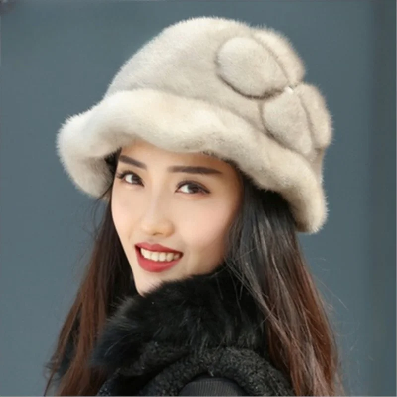 Warm real fur leather top hat for women cotton large floral