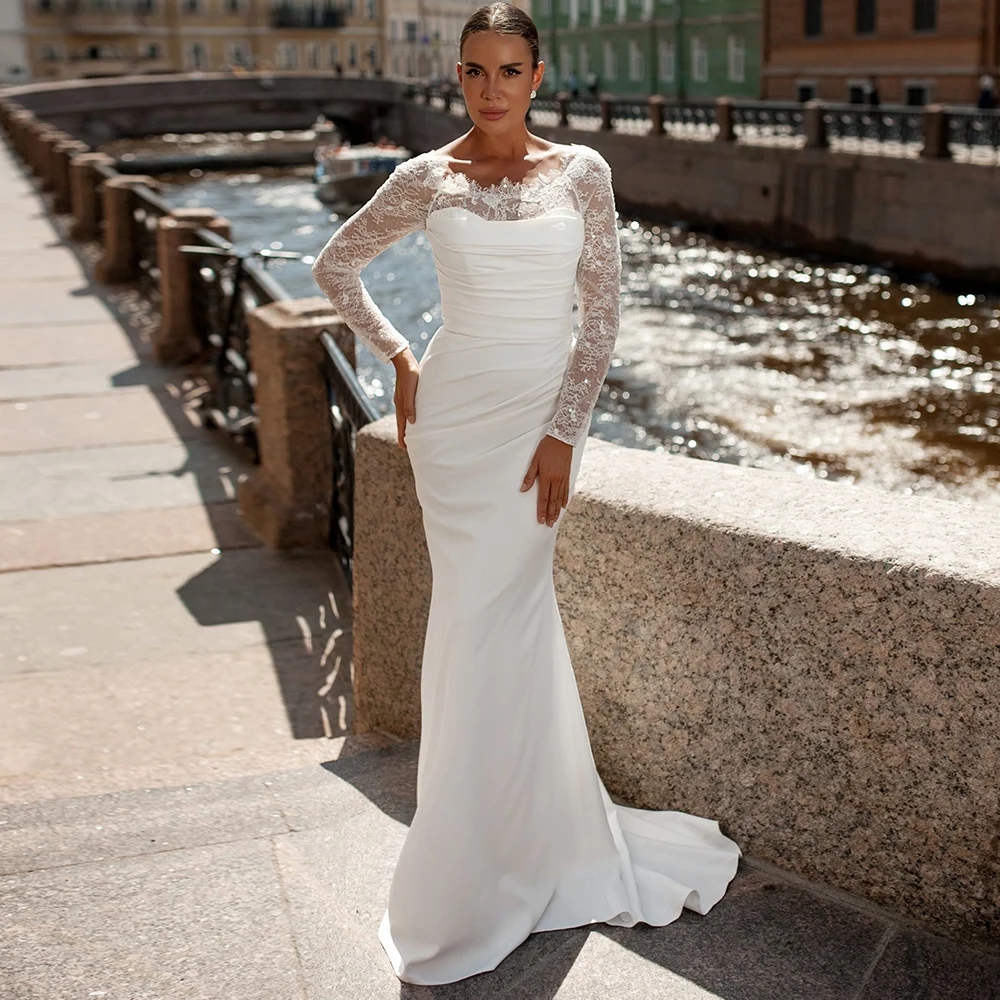 

Exquisite Mermaid Lace Long Sleeves Wedding Dress for Brides Customized Scoop Neckline Jersey Bridal Gowns with Sweep Train