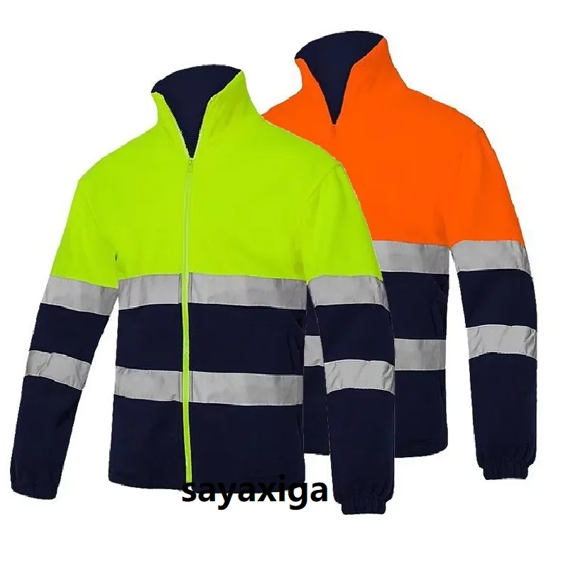 Men\'s Two Tone Yellow Navy Windproof Hi Vis Jacket Safety Polar Fleece Jacket Working Clothes With Reflective Stripe Fleece Suit