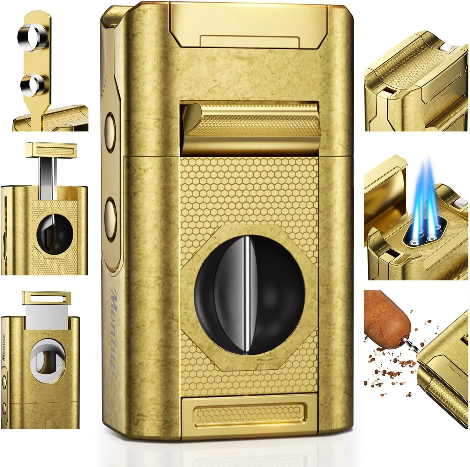 

6-in-1 Cigar Torch Lighter with Cutter, Punches, Enhancer, Holder - Windproof Quad Flame Butane Lighter for Men