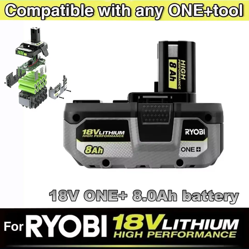 Batterie Li-ion 18V 6Ah/8Ah pour RYOBI One+ (P108/P107/P104) compatible avec RB18L50/RB18L20 Stock EU/UK/USA