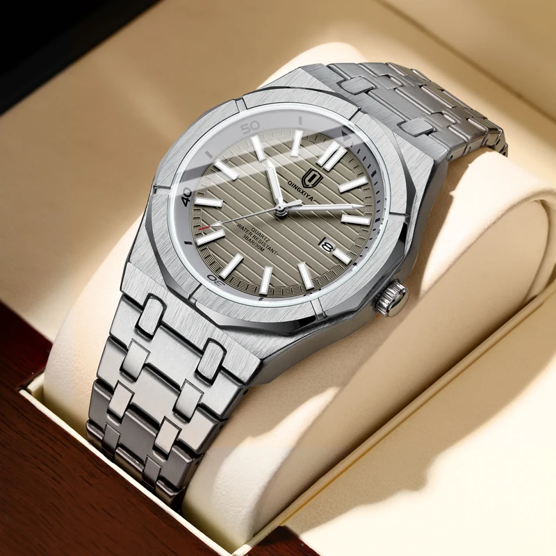 

QINGXIYA Mens Watches Top Brand Luxury Stainless Steel Waterproof Luminous Calendar Fashion Gray Quartz Watch Relogio Masculino