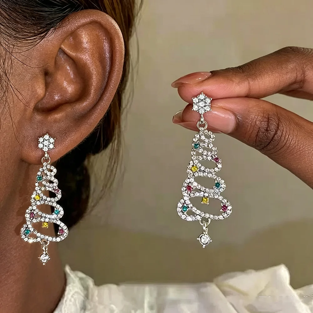 Christmas Tree Hollow Dangle Earrings Xmas Bling Shiny Cute Holiday Unisex Fun Trendy Party Decor Ear Jewelry Gift Present