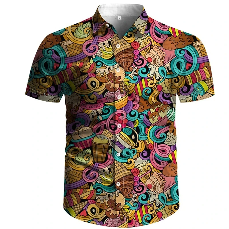 I nuovi disegni Stampa 3D Trendy Cool Fashion Camicie gelato Beach Party Top Manica corta Risvolto Camisa Masculino Camicetta femminile