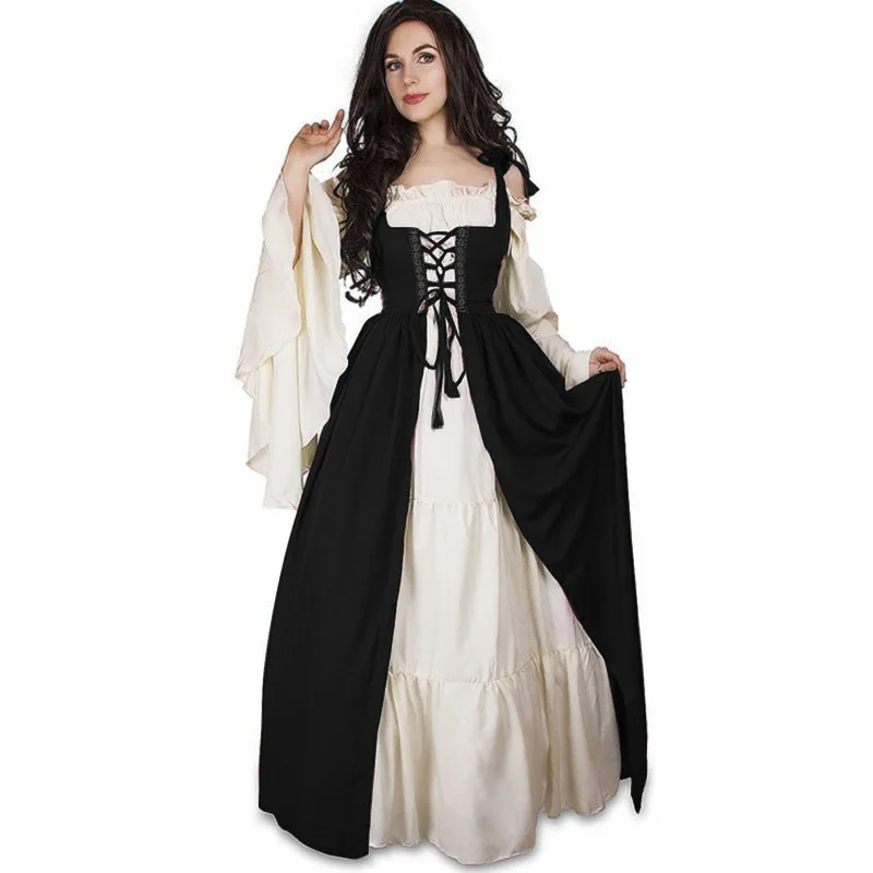Robe Renaissance du Moyen Âge pour Halloween, Tenue de Performance Rétro, Col Carré, Taille Libre