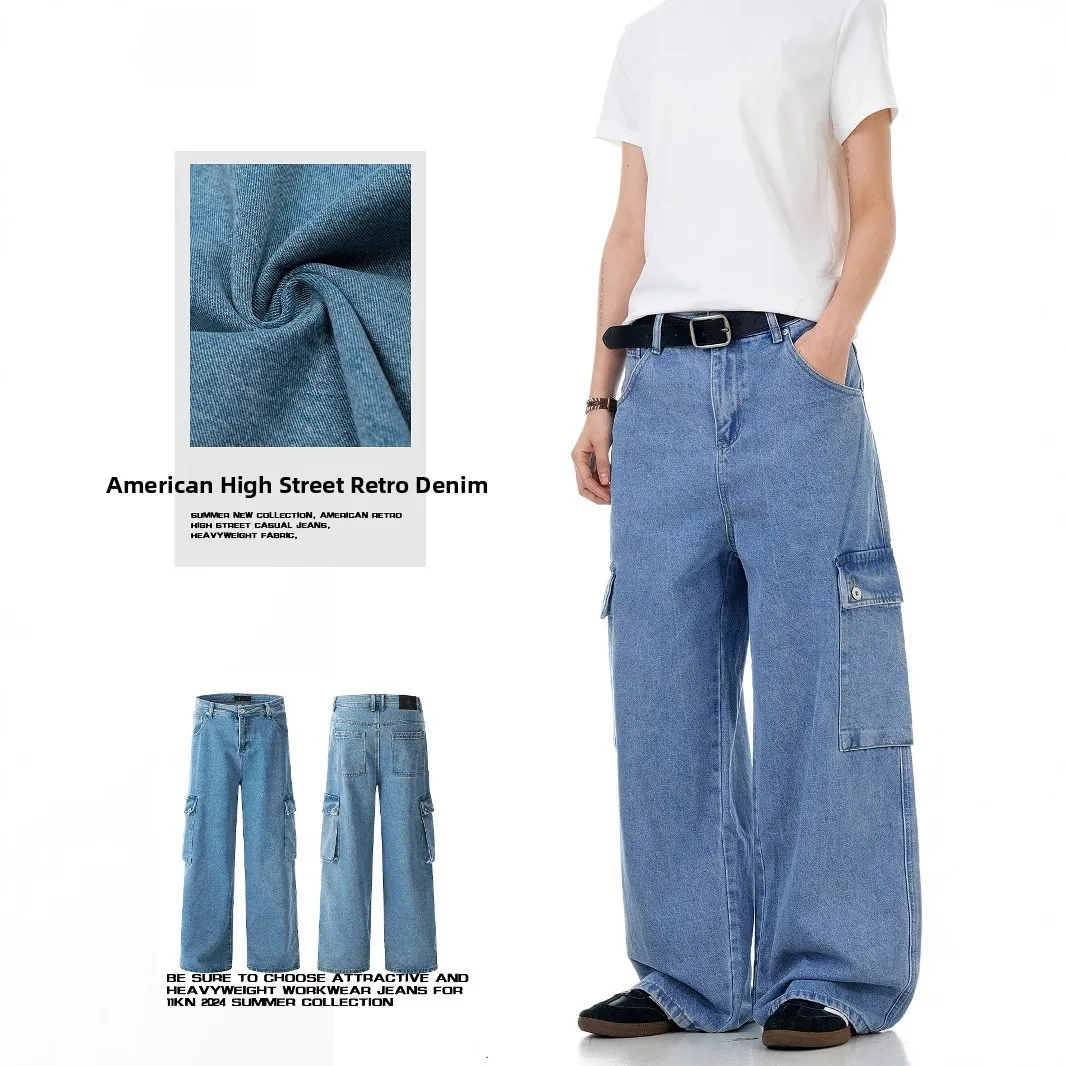 

American Retro Straight Leg Denim Jeans Men's Women's Loose Casual Wide Leg Trendy Workwear Large ket Cotton 00%