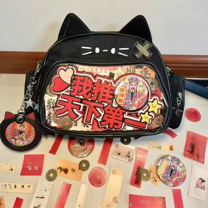 Bolso de hombro de PU japonés Y2K para mujer, bolso cruzado de bolsillo transparente, Kawaii, lindo gato Ita, mochilas de moda Harajuku para niñas