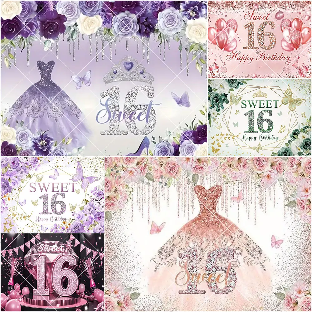 

Sweet 16 Birthday Party Decoration Glittery Balloon Design Backdrop for Sweet 16 Party Teen Birthday Girls' Celebration