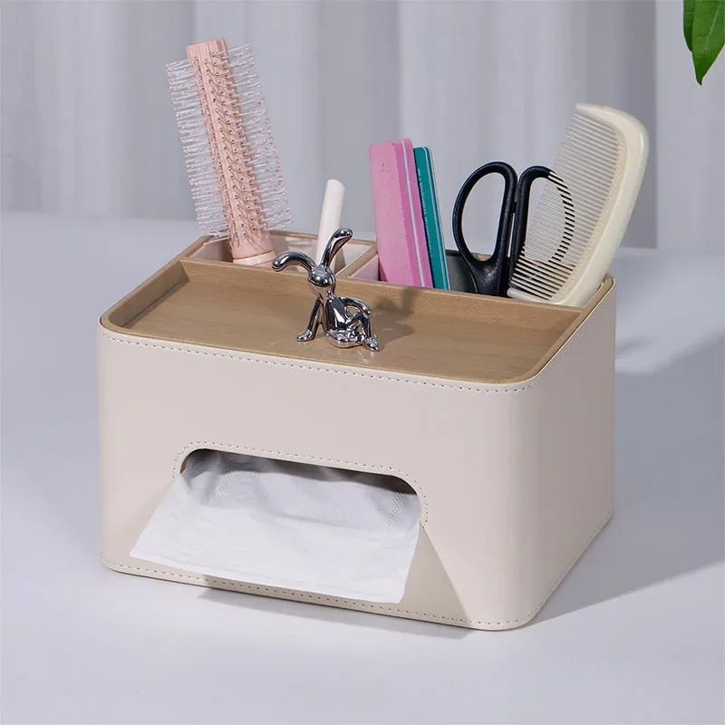 Multi-compartment PU Leather Tissue Box, Remote Control Pen Storage Organizer Napkin Holder for Sofa Desktop Home Decor