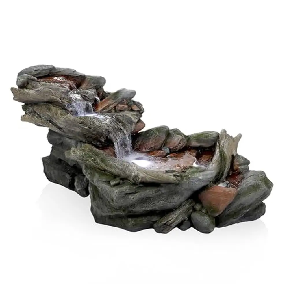 3-Tier Rock River Water Fountain LED Lights Outdoor Garden Decor Polystone Fiberglass Display Durable