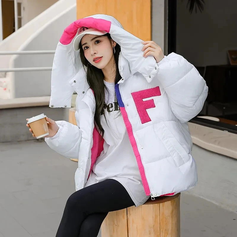 Letter Contrast Stitching Down Cotton-Padded Jacket Women Short Overcoat New Winter Hooded Loose Bread Clothing Warm Parker Coat