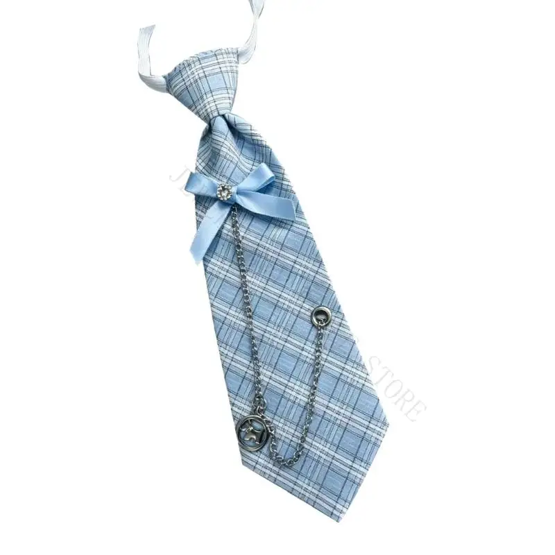 R7UF Light Blue Checked Kids No-Knot Necktie with Ribbon Accent and Adjustable Strap for School Uniform and Choir Use