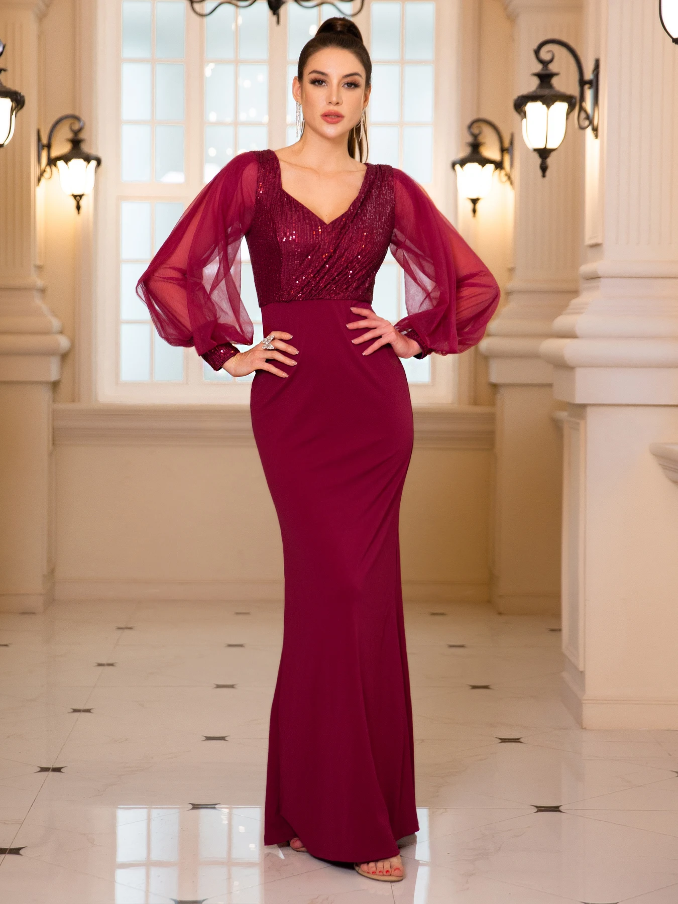 

Romagic V Neck Sequin Long Lantern Sleeves Graduation Homecoming Dress Women Elegant Burgundy Evening Party Dress