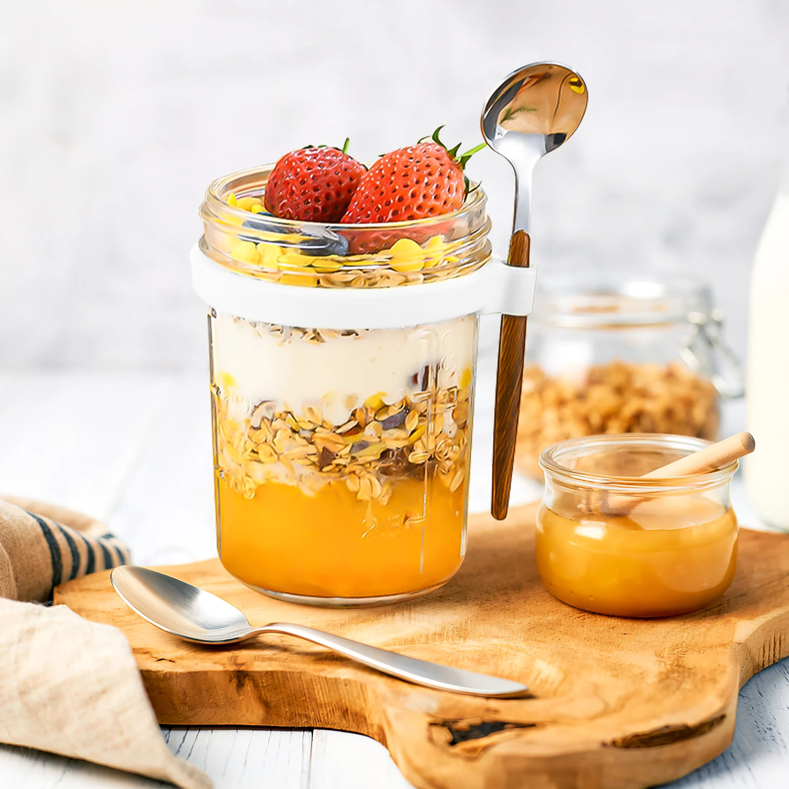 

4Pcs Overnight Oats Containers Large Mouth Glass Jars Sealed Lid Silicone Seal Breakfast Food Storage Jars 400ml Airtight Glass