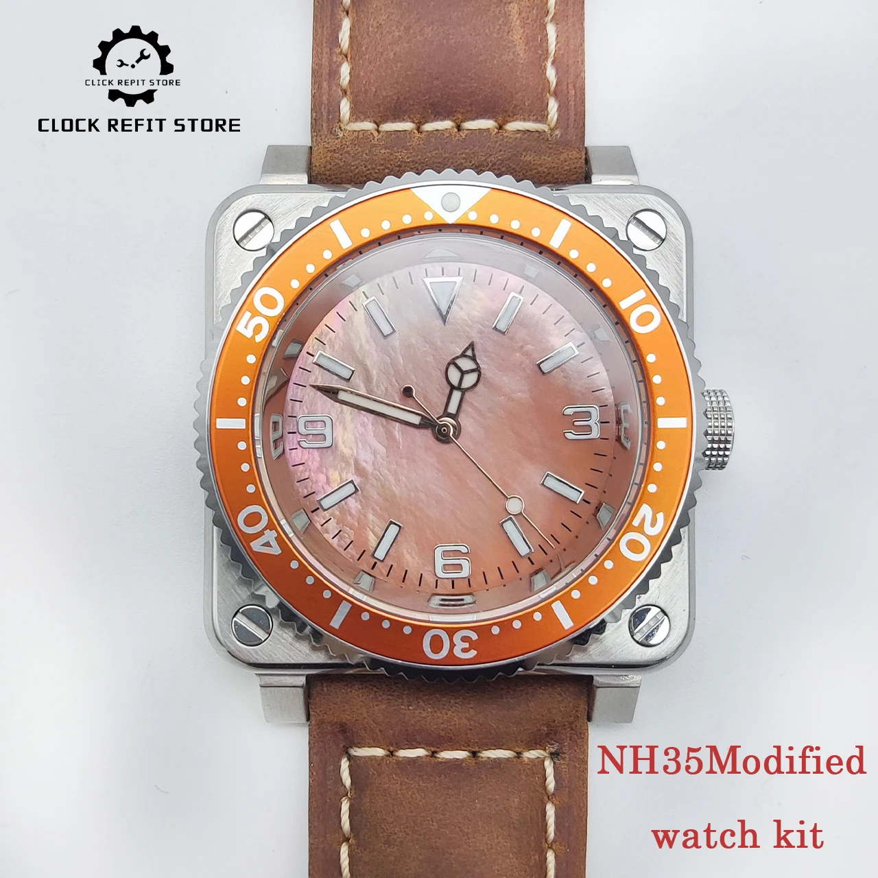montre-homme-diy-carree-42-mm-nh35-cadran-lumineux-en-perle-mere-orange-bord-aluminium-verre-saphir-fond-d'exposition
