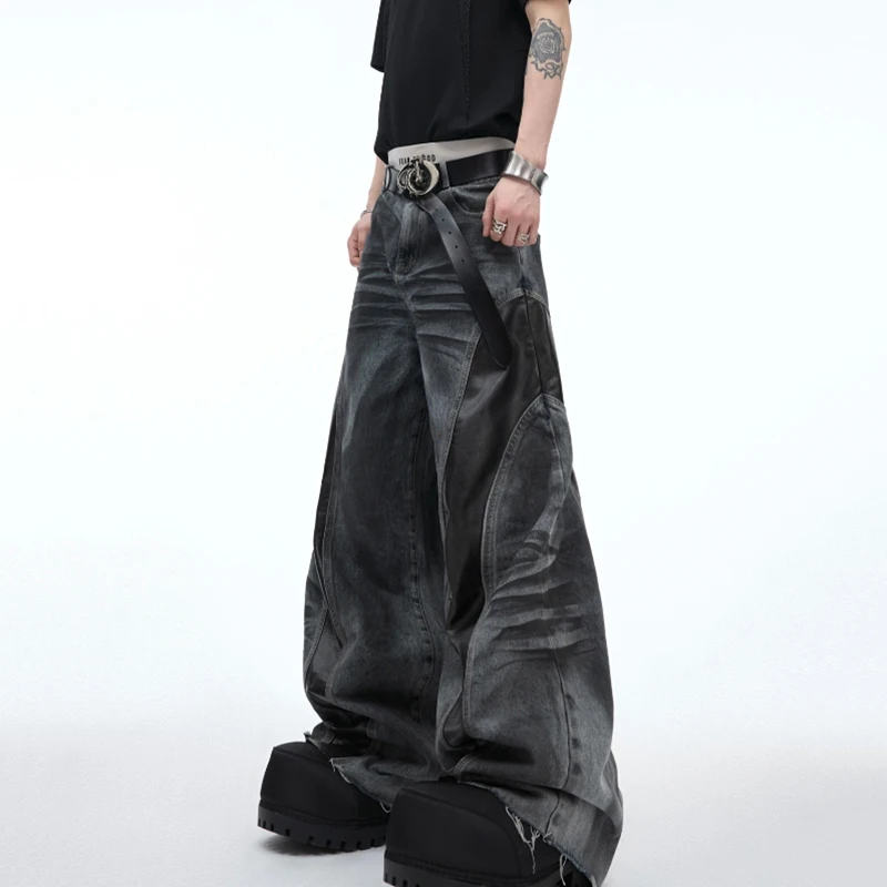 IEFB Niche Deign Male Denim Pants PU Leather Patchwork Worn-out Vintage Bottom Straight Wide Leg Male Jeans New Summer 24Y155