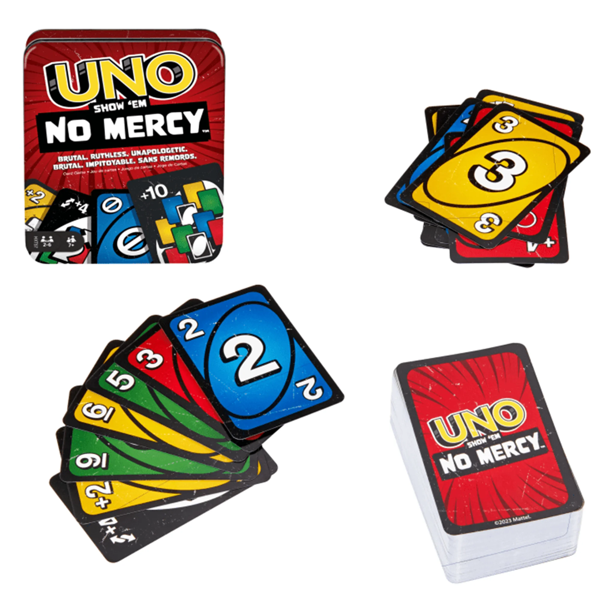 Mattel Games UNO Show Em No Mercy Card In Storage Reiseblech für Kinder Erwachsene Familiennacht Geschenk Anime Sammlerstück Kampfkartenspielzeug