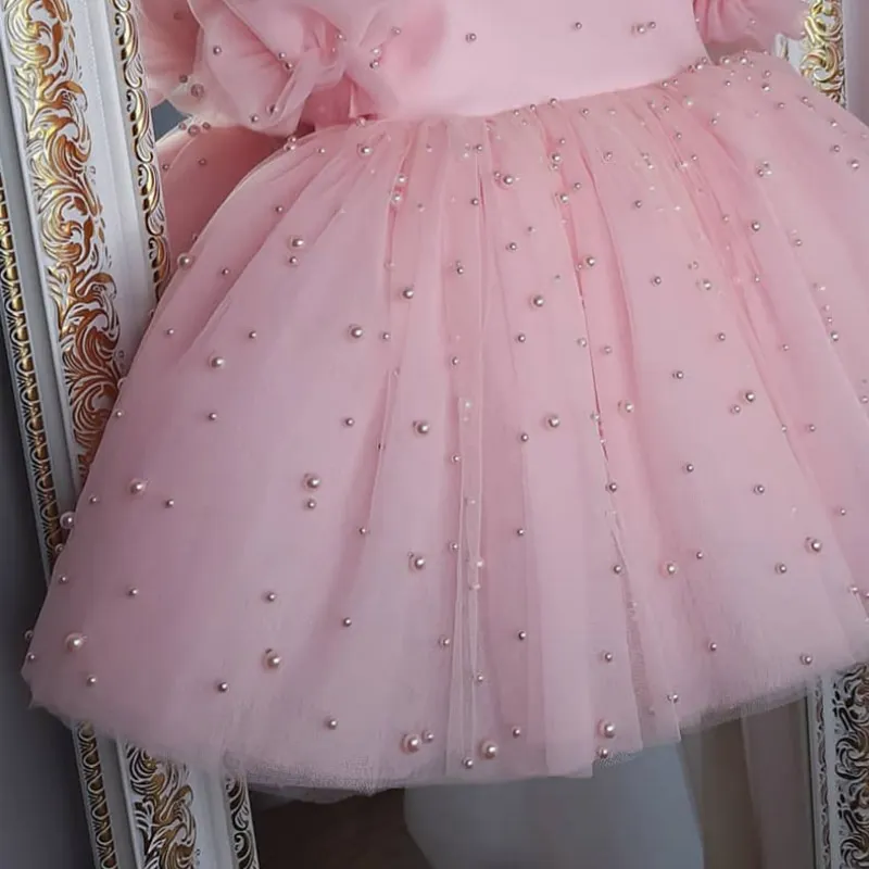 Baby Girl Princess Pearl Tutu Dress Puffy Sleeve Infant Toddler Child Bow Tulle Vestido Party Birthday Baby Clothes 12M-14Y