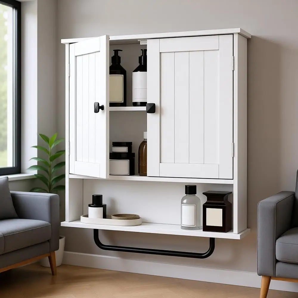 

Wall-Mounted Medicine Cabinet with Towel Bar and Over-The-Toilet Storage, Adjustable Shelves, White
