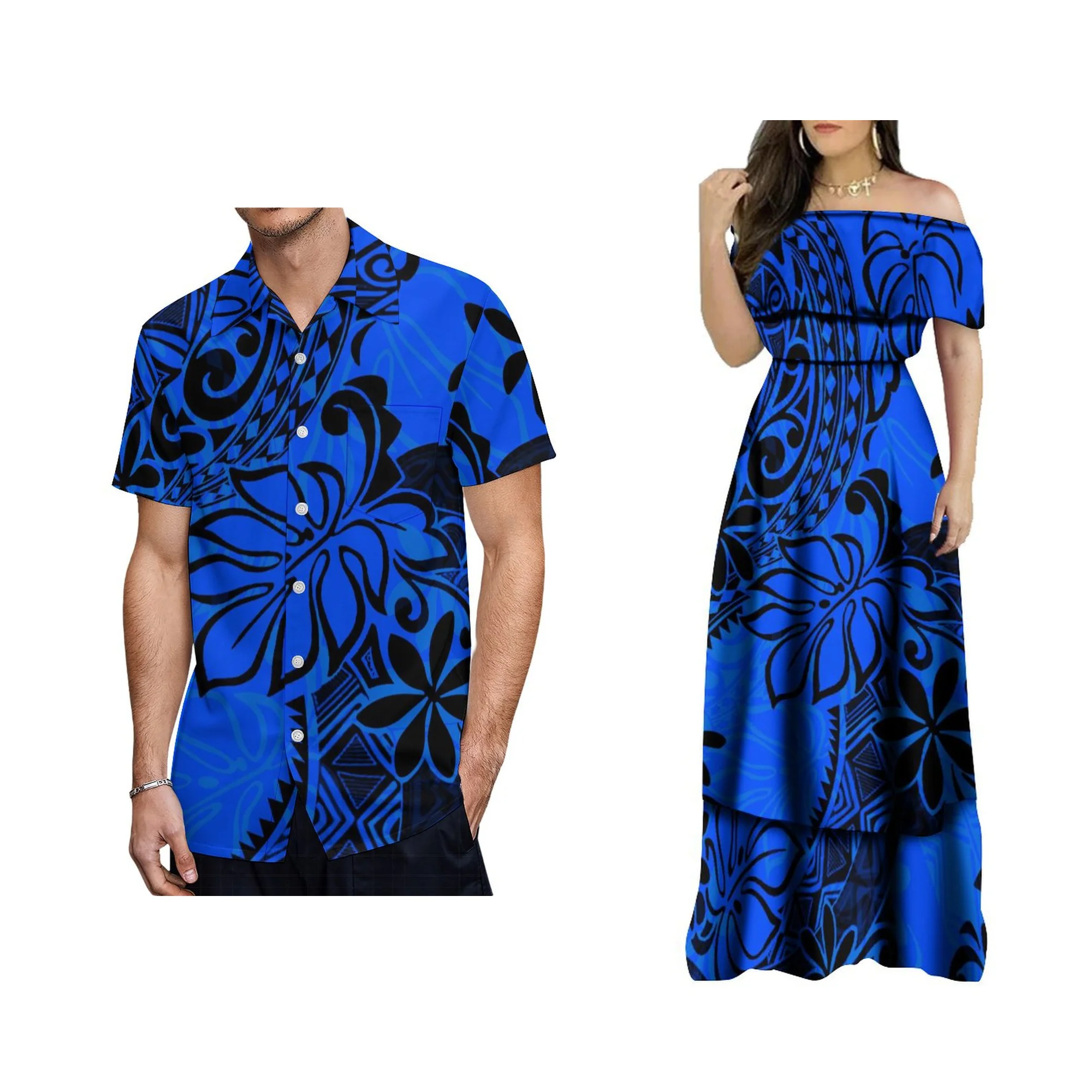 

High Quality Custom Shawl Off the Shoulder Hawaii Dress Polynesian Tribal Print Ladies Long Maxi Tiered Dress
