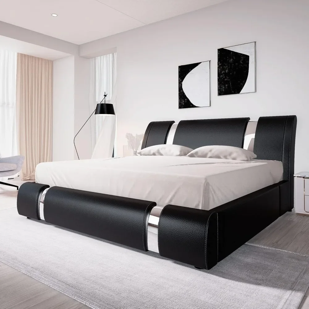 Struttura del letto King Size con decorazione in pezzo di ferro, letto con piattaforma in ecopelle con testiera regolabile curva, supporto per doghe in legno