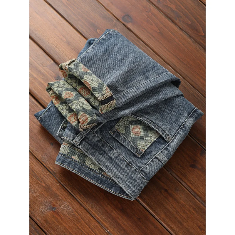 

Summer thin jeans men's trendy pants with flared cuffs and colorful bottom printed casual elastic small leg long pants