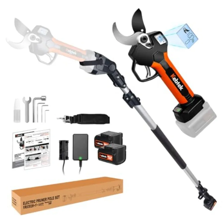 

2 In 1 Electric Pruning Shears 40MM Kebtek Cordless Pruner with Extension Pole 18V Brushless Motor 2Pack 2AH Rechargeable Batte