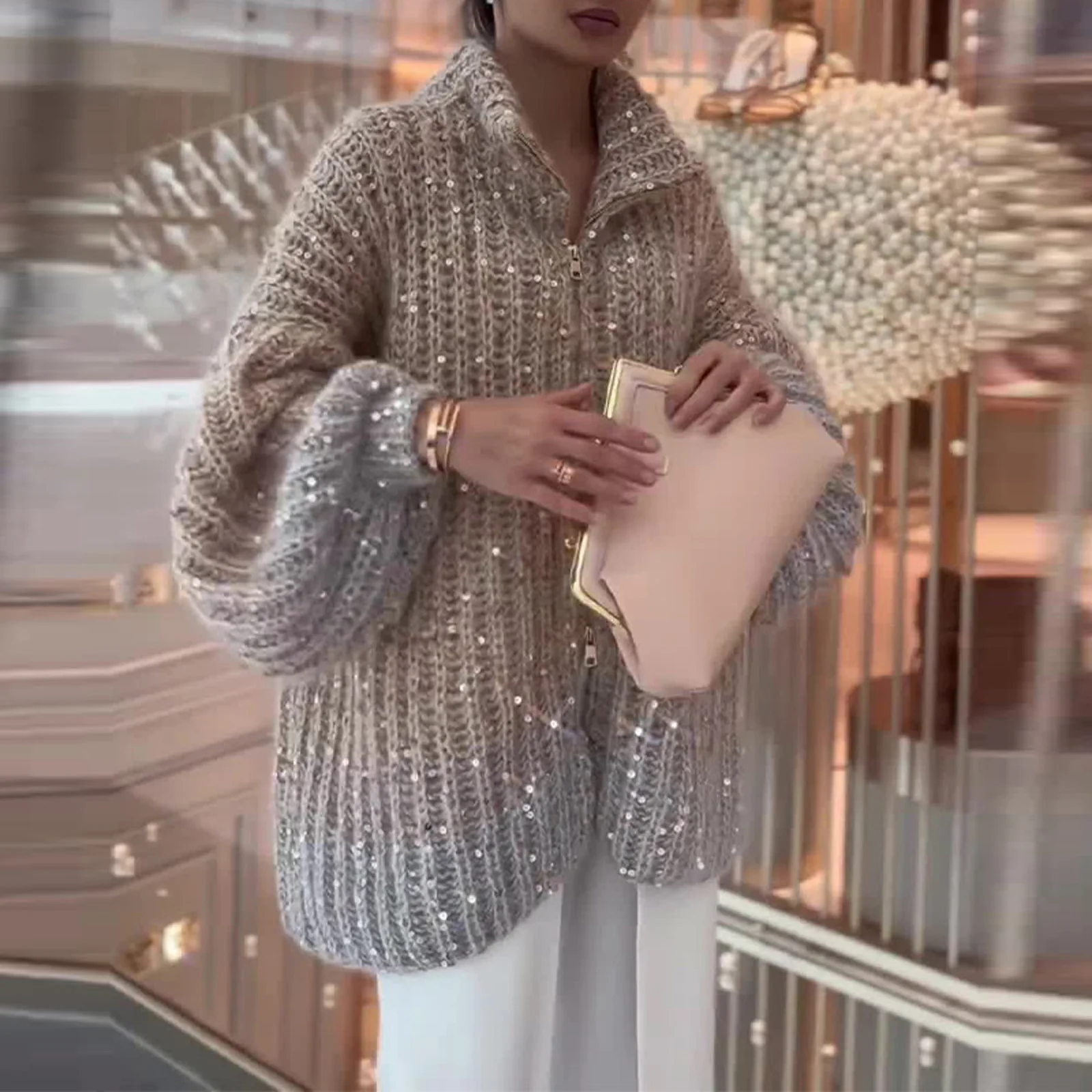 Sequin Knitted Cardigan For Women 2026 Fall Winter Sparkly Fluffy Oversized Lapel V Neck Party Night Out Fashion Outerwear