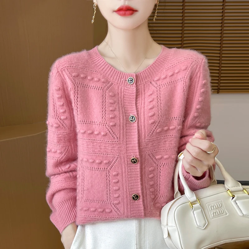 Women's Cardigan Autumn/Winter 100% Pure Wool Sweater Casual Knitted Sweater Round Neck Loose Tops All-match Button Blouse