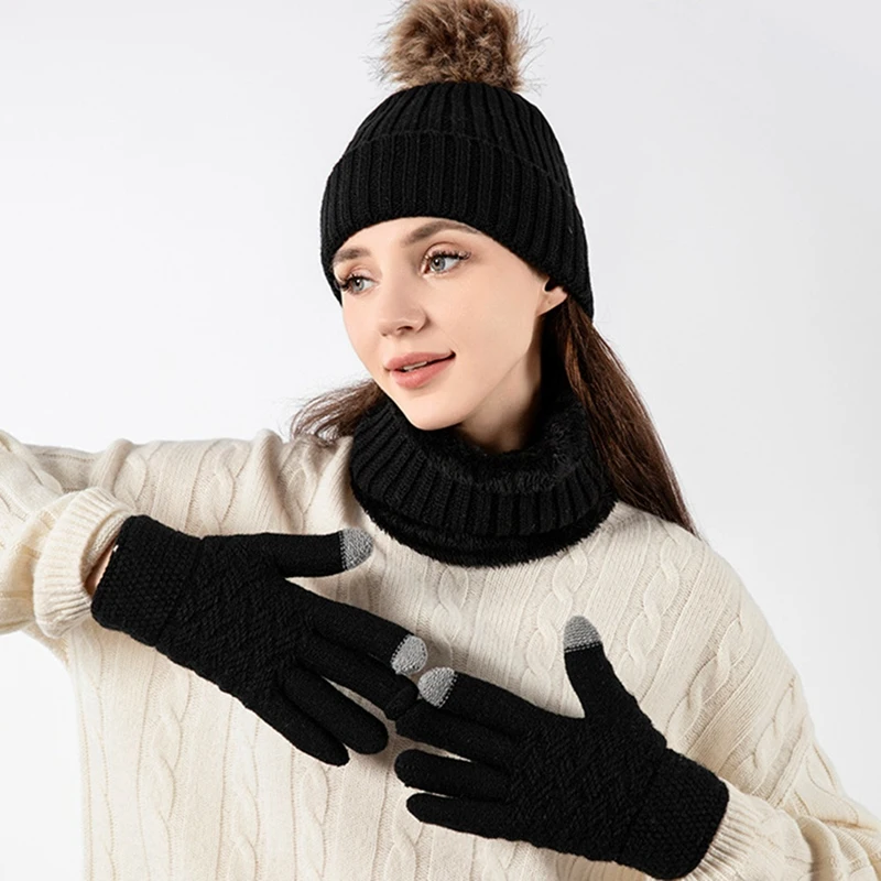 Me Women Knitted Wool Warm Plus Velvet Thick Winter Scarf Gloves Hat Neck Three-piece set