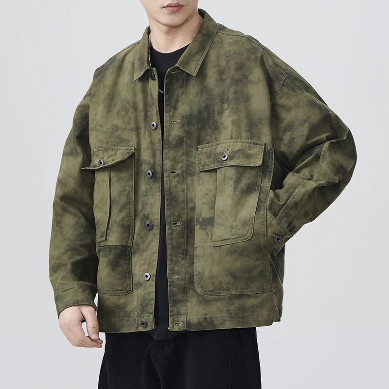 

Новая осенняя мужская куртка с принтом, окрашенная в галстук, свободные повседневные американские винтажные пальто, 2024, удобные тканевые топы контрастного цвета