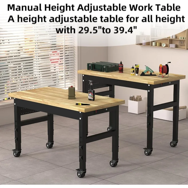 48" Solid Wood Work Bench, Adjustable Hight Workbench with Wheels, Heavy-Duty Worktable with Pegboard, Power Outlets, Workstatio