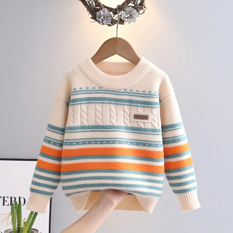 3-12 Years Autumn Winter Boys Sweater Stripe Design Full Sleeve Round Collar Knitting Shirt for Kids Child Cosy Knitwear HY11091