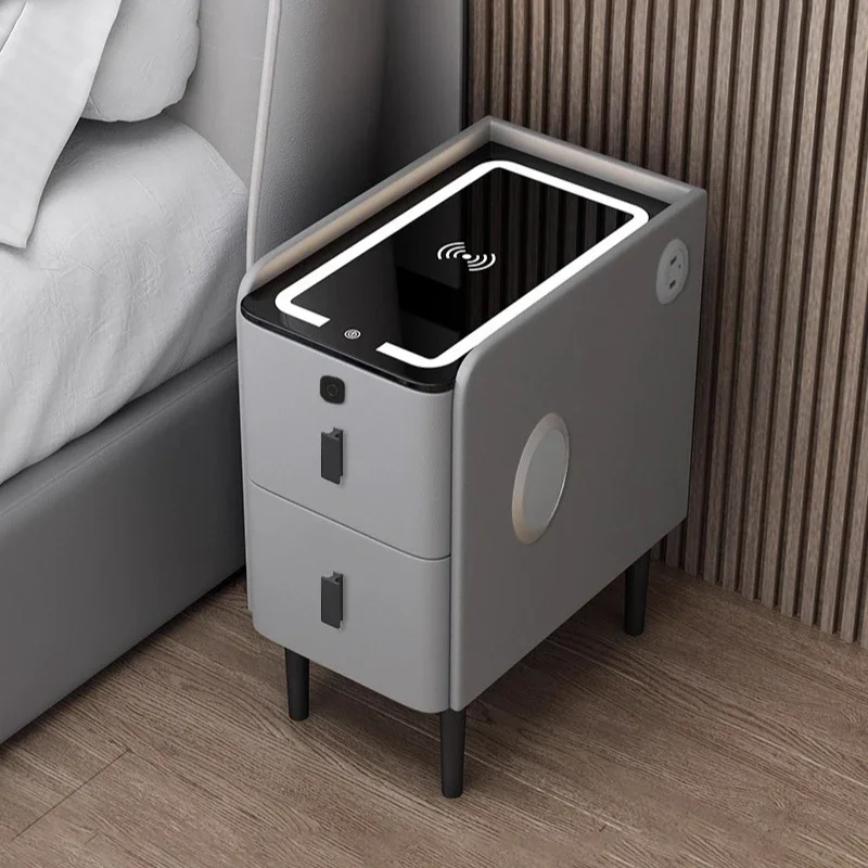 Super narrow small smart bedside table multi-function wireless charging fingerprint lock simple modern wood narrow side cabinet