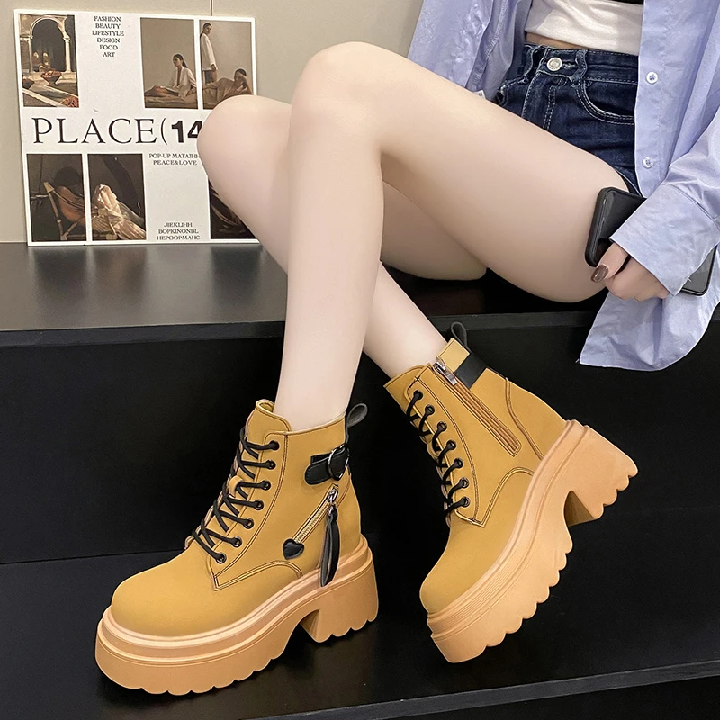 New Arrival jesienne botki damskie wysoka podeszwa buty motocyklowe zimowe sznurowane Chunky Sneakers wygodne skórzane buty 10CM