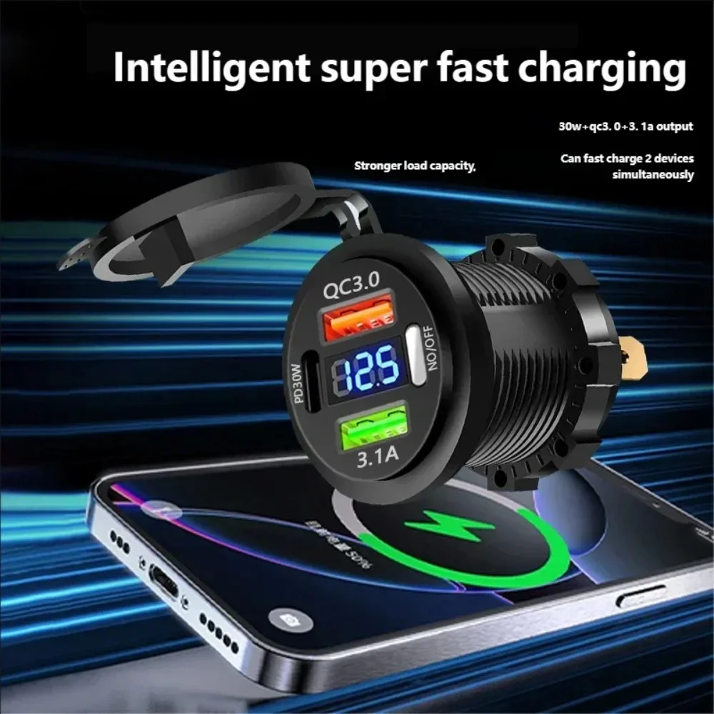 New 3 Port Car Charger PD3.0 and QC3.0 Quick Socket with Voltmeter Switch 12/24V Suitable for Motorcycle Boat Auto Accessories