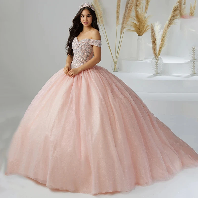 

Lorencia розовые платья для Quinceanera с бисером с открытыми плечами с накидками хрустальные Бальные платья женские круглые платья 15 лет YQD341