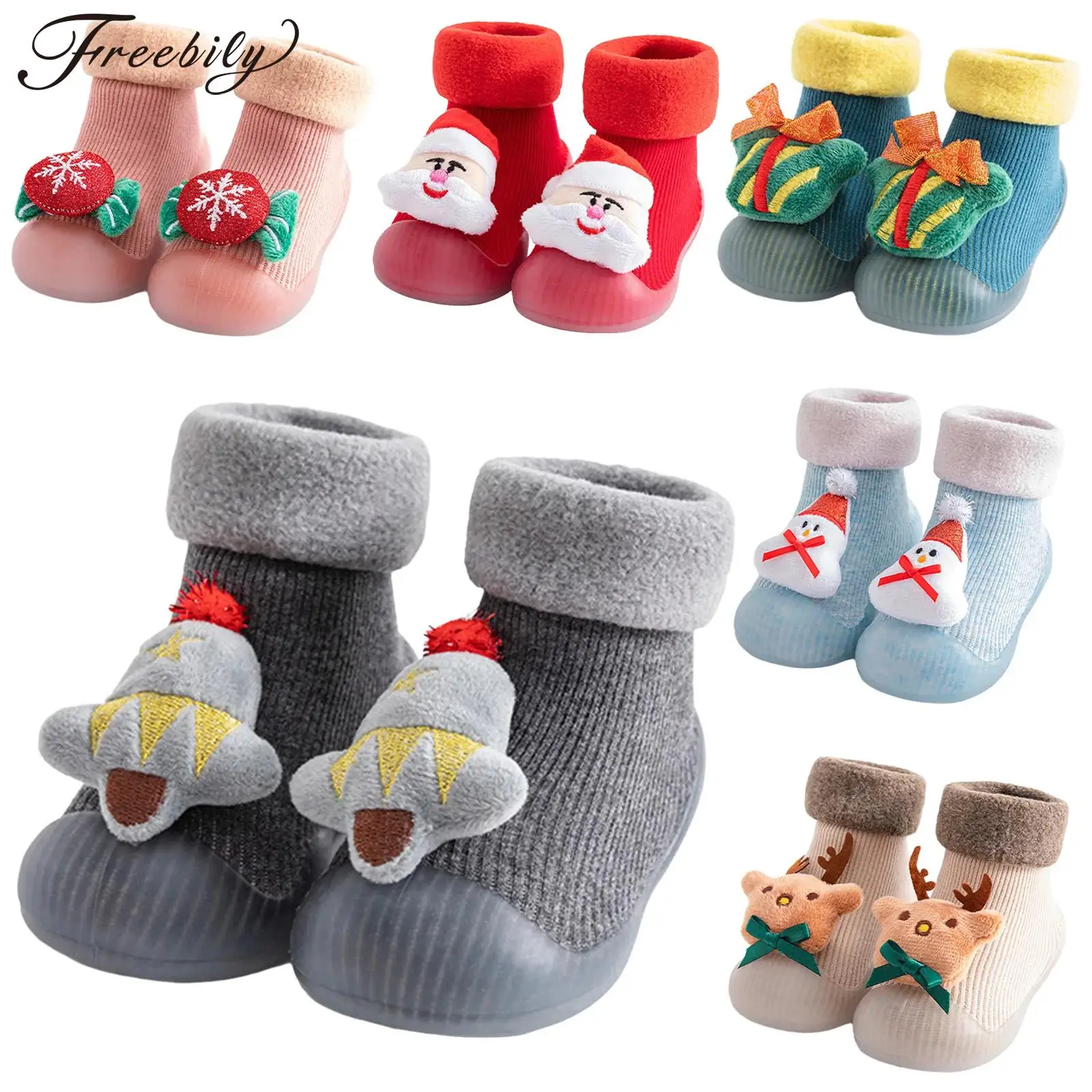 

Милые рождественские носки на флисовой подкладке для малышей, нескользящая износостойкая резиновая подошва, первая прогулочная обувь для мальчиков и девочек, Prewalker