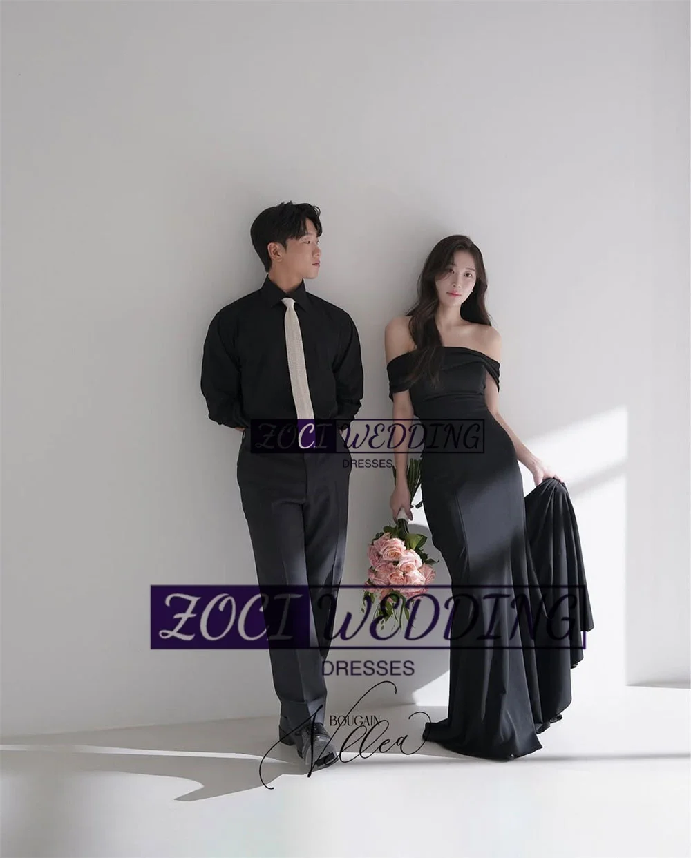 Zoci Simple Off Shoulder Black Korea Wedding Dresses Photos Shoot Mermaid Party Dress Customized Backless Bride Reception Gown