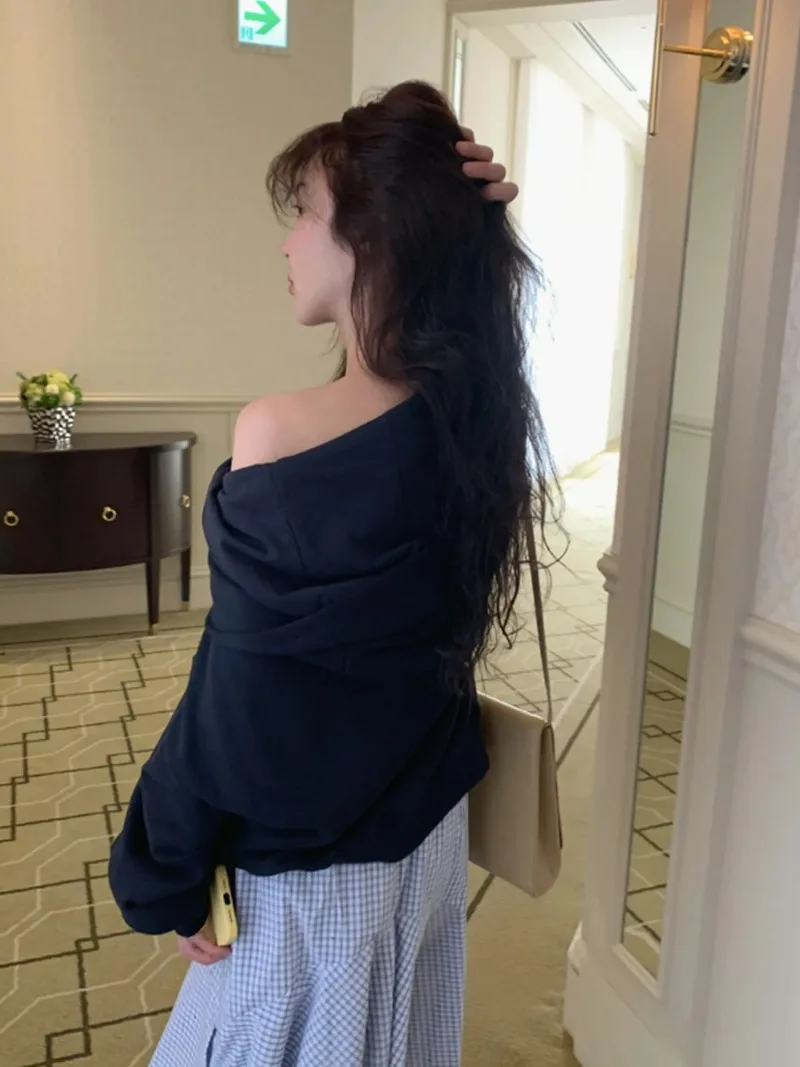 Korean Hoodie oulder Bared One-oulder Sweatirt Loose Fit Long  Pure Color Commute Friendly
