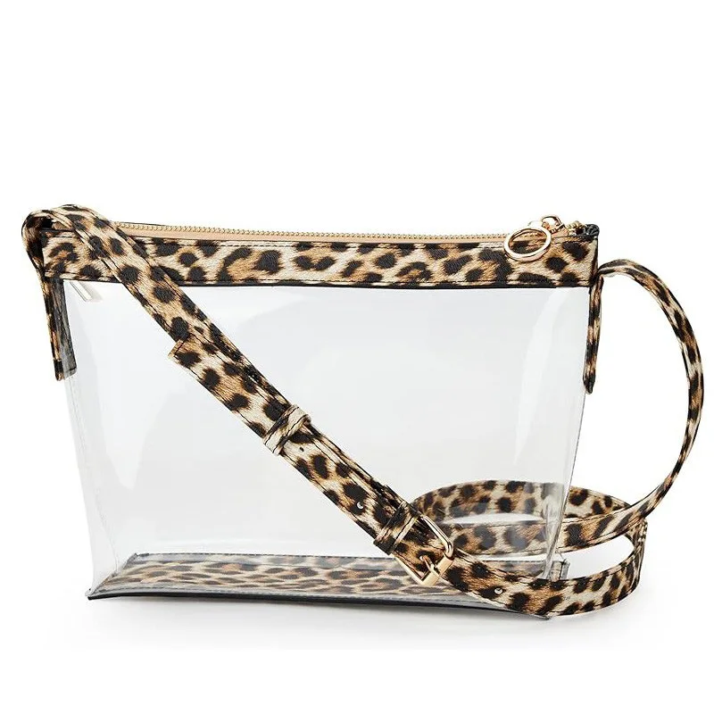 Bolso Bandolera Transparente de PVC Ecológico de Alta Calidad para Mujer con Ribete de Cuero y Cierre Moderno