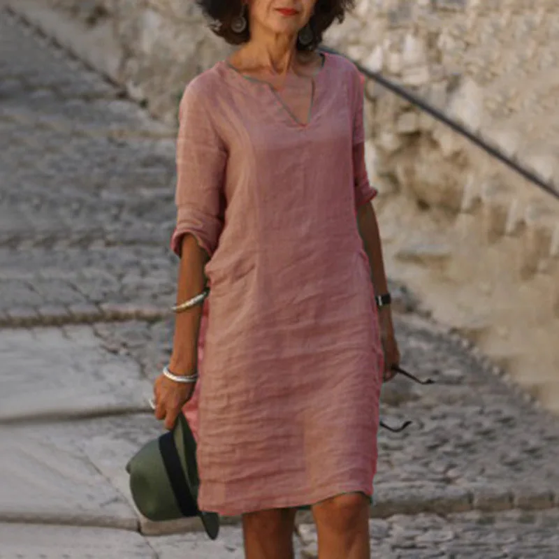 

2026 New Women's Dress Solid Color Round Neck Cotton Linen V neck Splicing Retro Three quarter Sleeve Summer Linen Cotton Dress